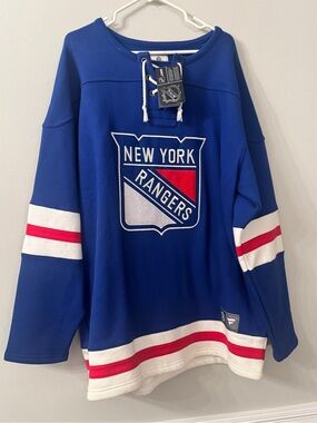Fanatics Blue New York Rangers Lace-Up Crewneck with Red & White Stripes